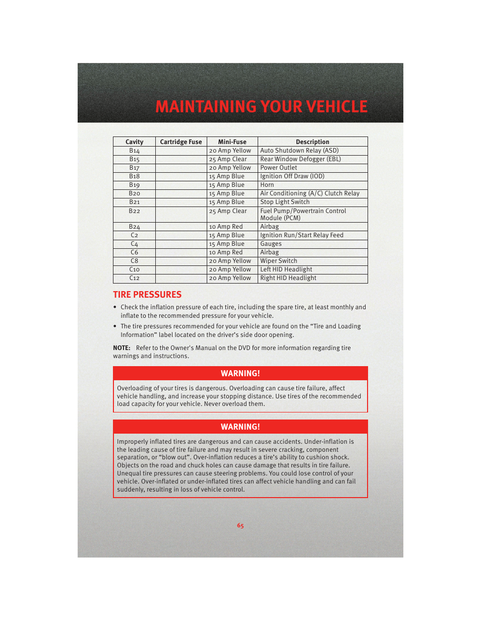 Tire pressures, Maintaining your vehicle, Warning | Dodge 2010 Viper - User Guide User Manual | Page 67 / 80