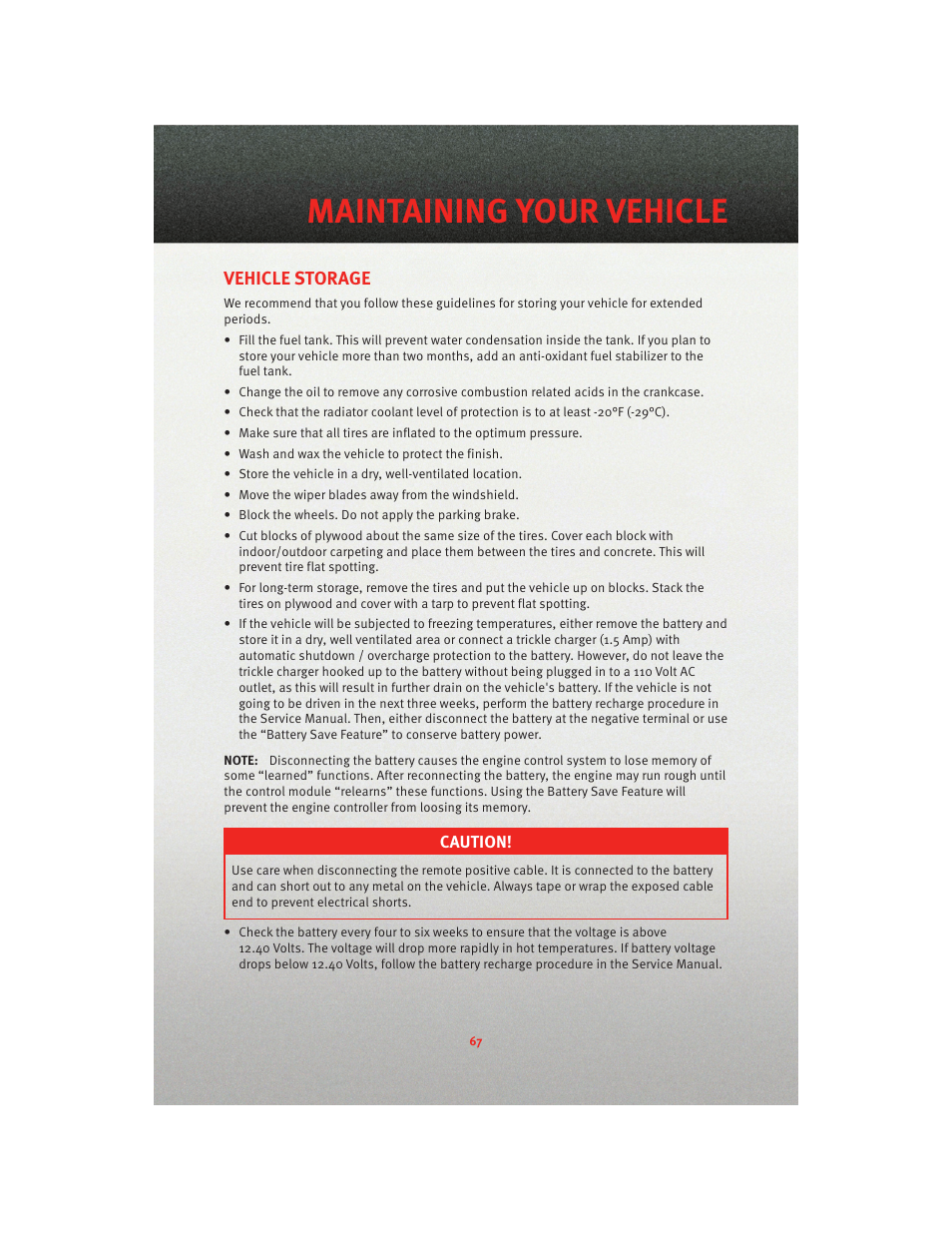 Vehicle storage, Maintaining your vehicle | Dodge 2010 Viper - User Guide User Manual | Page 69 / 80