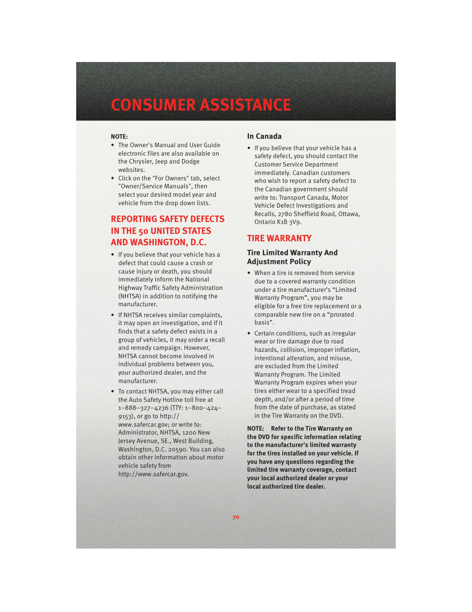 In canada, Tire warranty, Tire limited warranty and adjustment policy | Consumer assistance | Dodge 2010 Viper - User Guide User Manual | Page 72 / 80