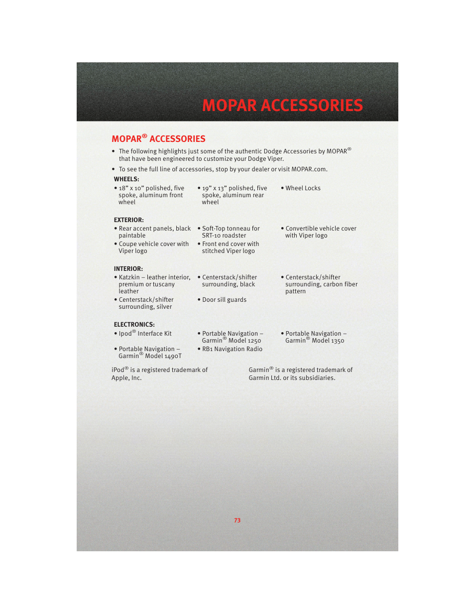 Mopar accessories, Mopar® accessories, Mopar | Accessories | Dodge 2010 Viper - User Guide User Manual | Page 75 / 80