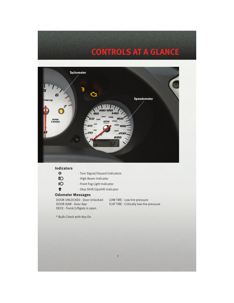 Indicators, Odometer messages, Controls at a glance | Dodge 2010 Viper - User Guide User Manual | Page 9 / 80