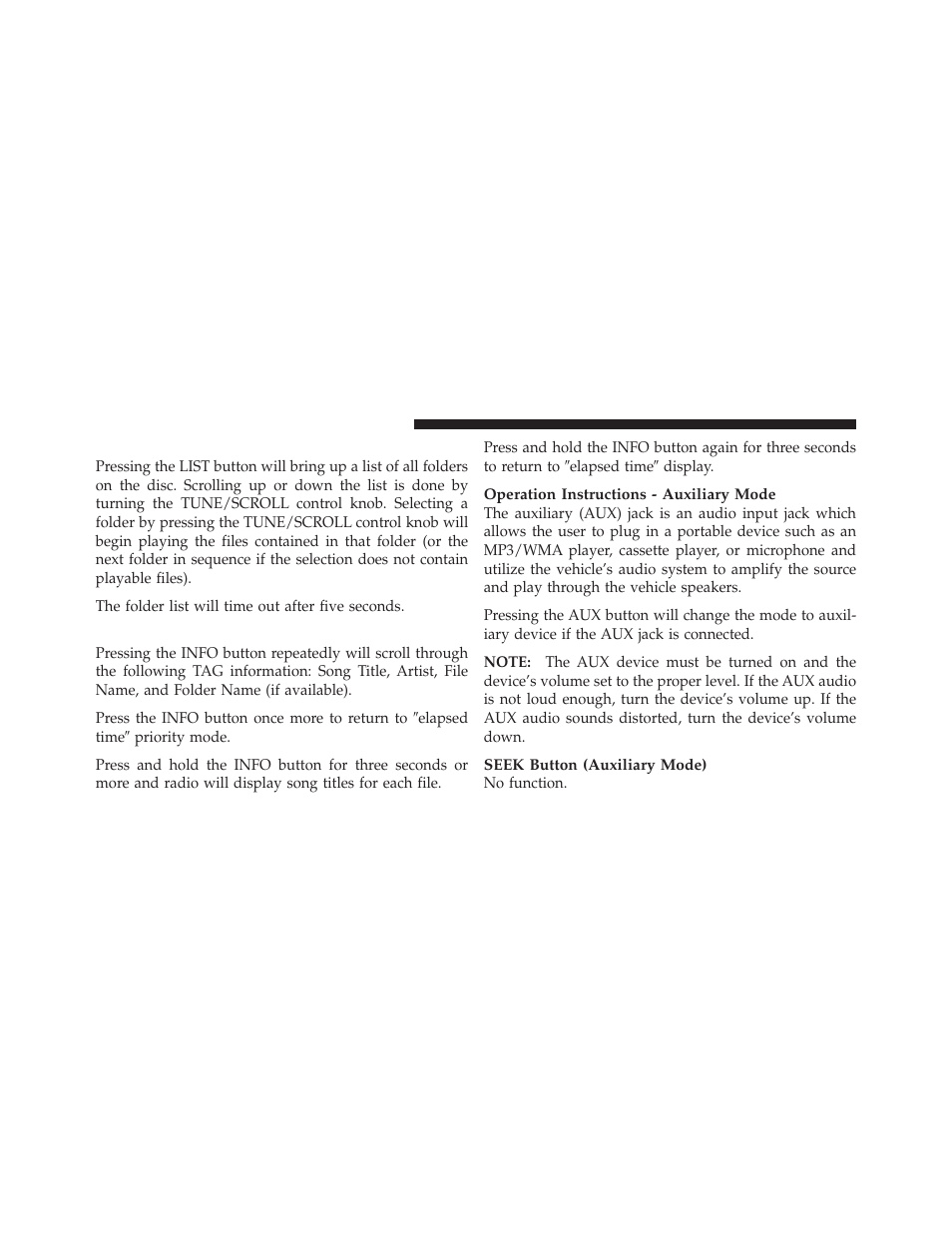 List button (disc mode for mp3/wma play), Info button (disc mode for mp3/wma play), List button | Disc mode for mp3/wma play), Info button | Dodge 2011 Avenger - Owner Manual User Manual | Page 230 / 494