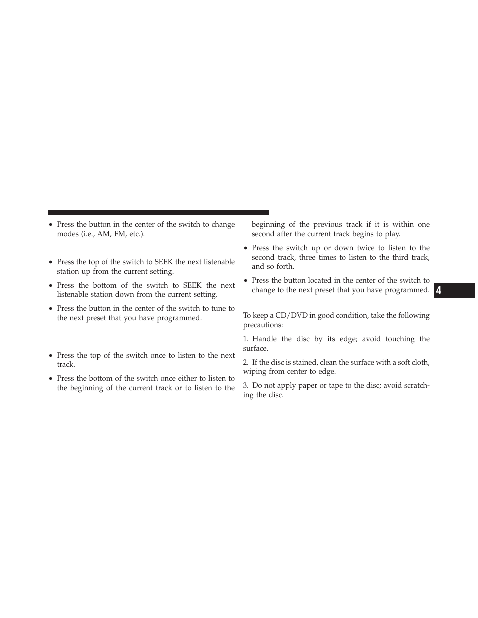 Left-hand switch functions for radio operation, Cd/dvd disc maintenance, Left-hand switch functions for radio | Operation, Left-hand switch functions for media, I.e., cd) operation | Dodge 2011 Avenger - Owner Manual User Manual | Page 269 / 494