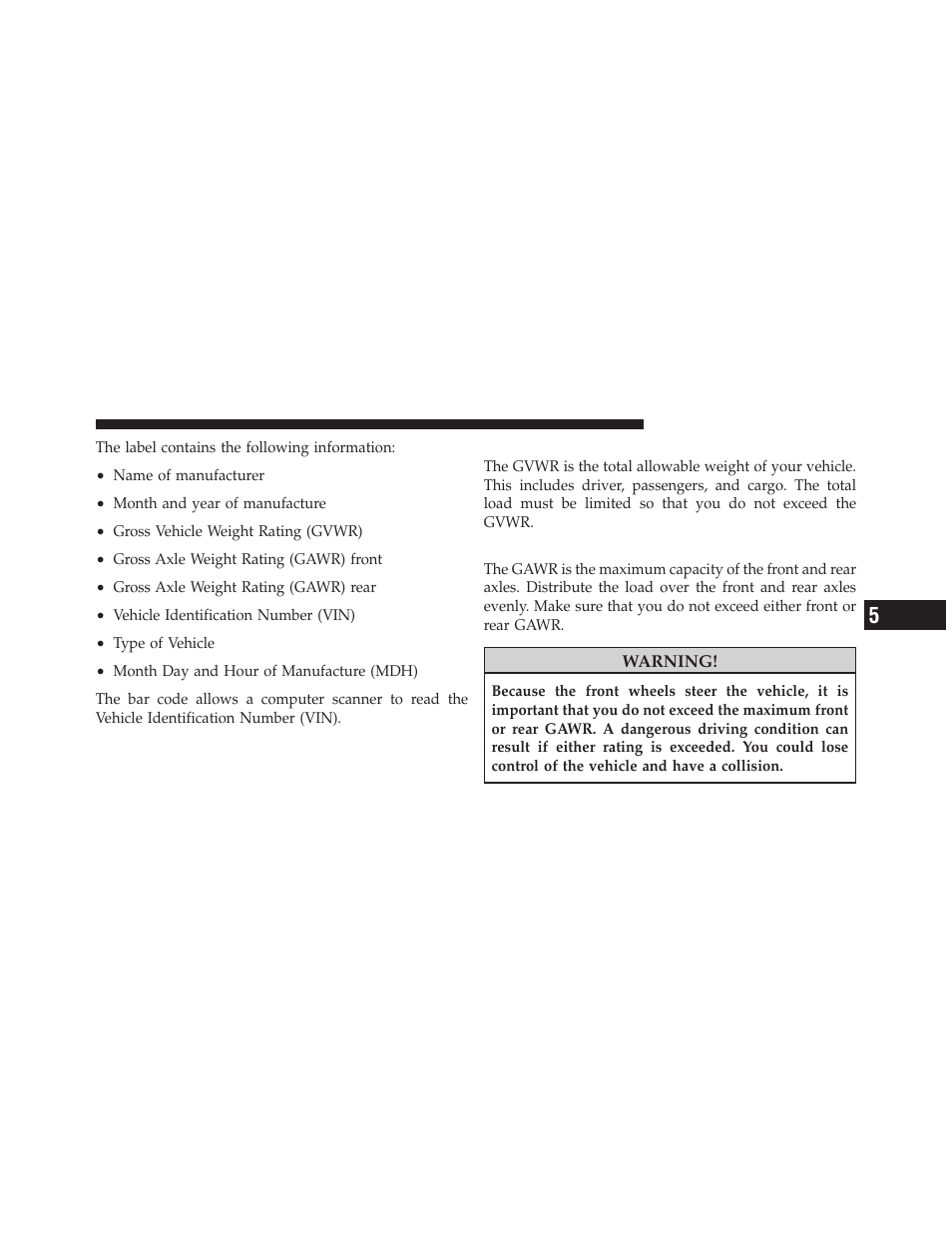 Gross vehicle weight rating (gvwr), Gross axle weight rating (gawr) | Dodge 2011 Avenger - Owner Manual User Manual | Page 359 / 494