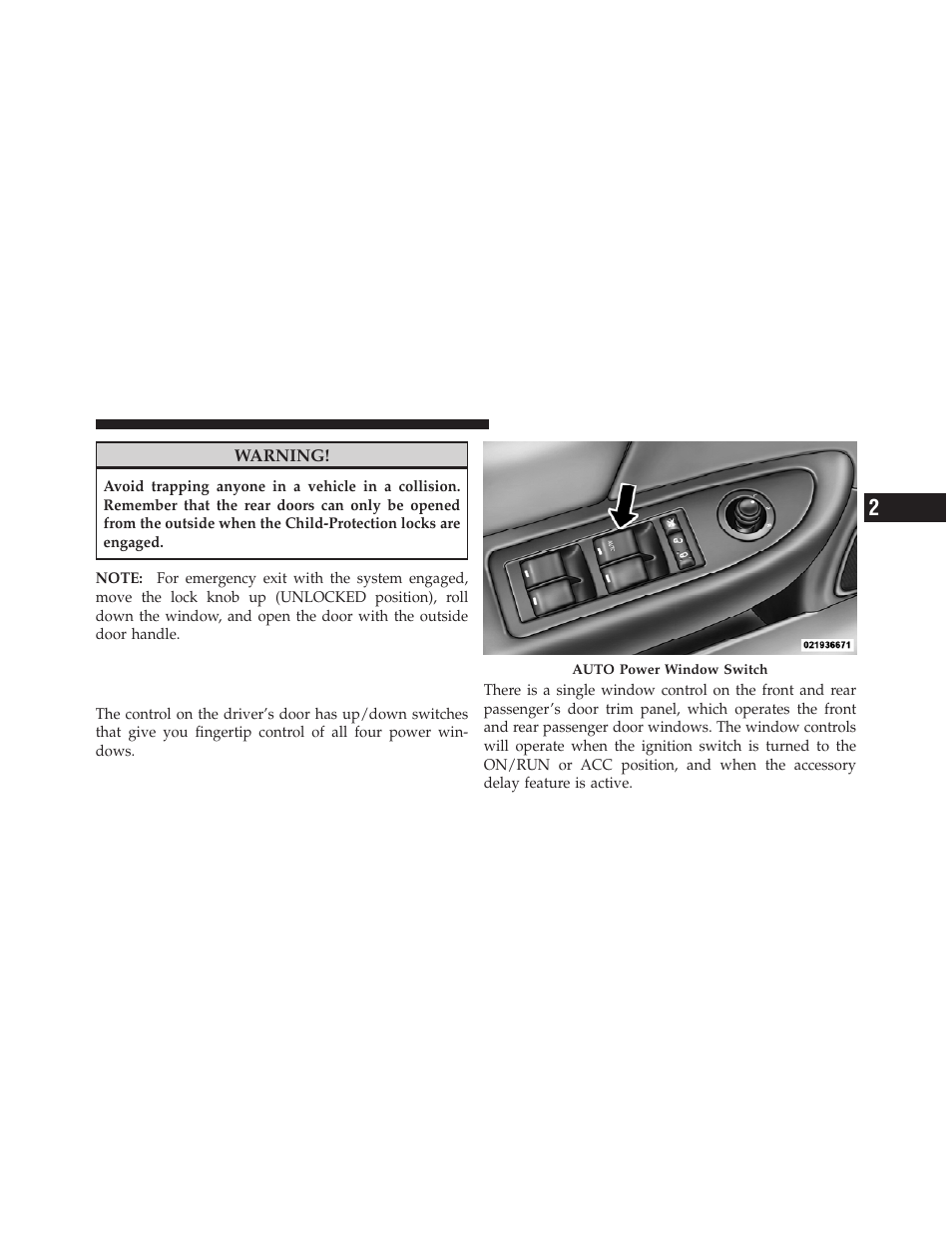 Power windows, Power window switches | Dodge 2011 Avenger - Owner Manual User Manual | Page 37 / 494