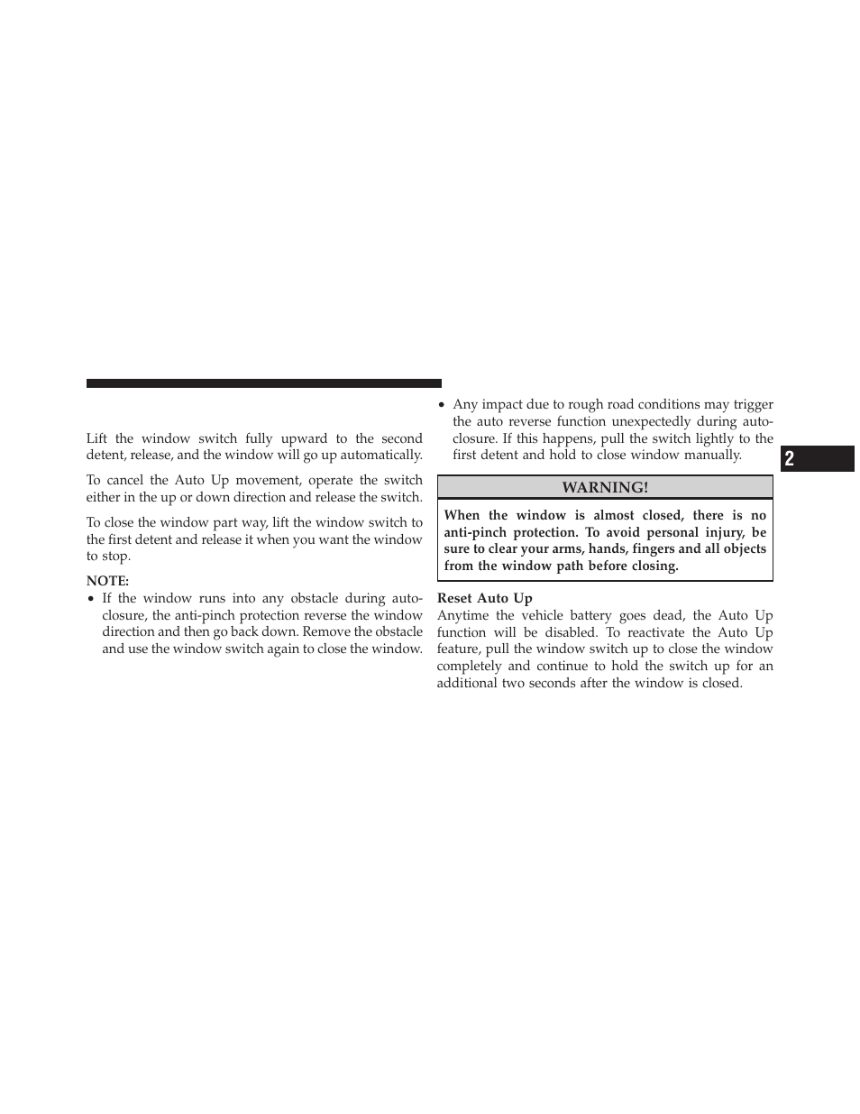 Auto window up with anti-pinch, Protection— if equipped | Dodge 2011 Avenger - Owner Manual User Manual | Page 39 / 494
