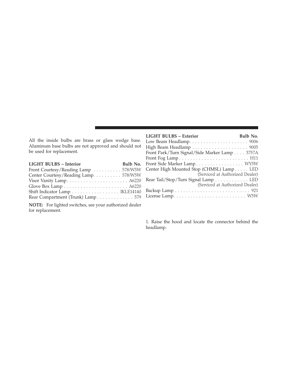Replacement bulbs, Bulb replacement, Headlamp | Dodge 2011 Avenger - Owner Manual User Manual | Page 440 / 494