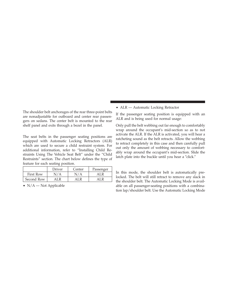 Rear seat belts, Seat belts in passenger seating positions, Automatic locking retractor mode (alr) | If equipped | Dodge 2011 Avenger - Owner Manual User Manual | Page 52 / 494