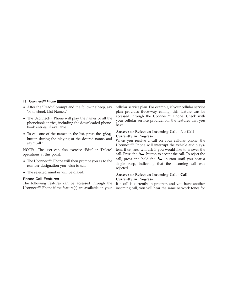 Phone call features | Chrysler Uconnect for Jeep User Manual | Page 19 / 102