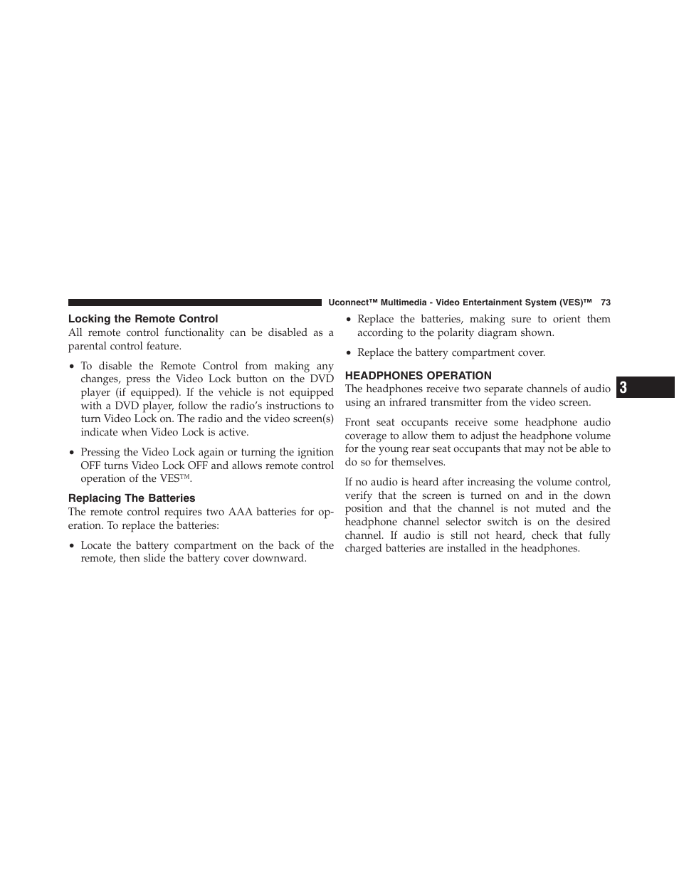 Locking the remote control, Replacing the batteries, Headphones operation | Chrysler Uconnect for Jeep User Manual | Page 74 / 102