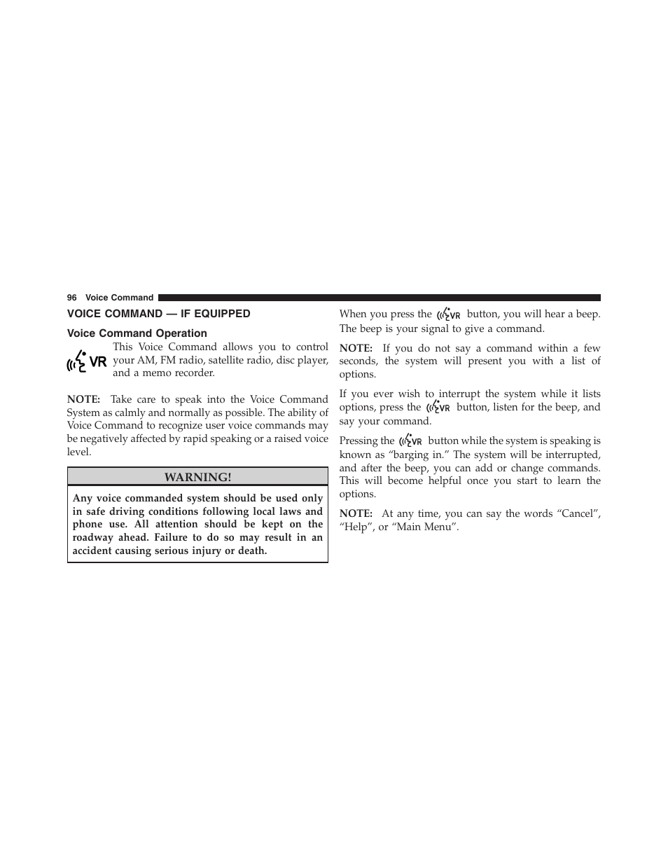 Voice command — if equipped, Voice command operation | Chrysler Uconnect for Jeep User Manual | Page 97 / 102