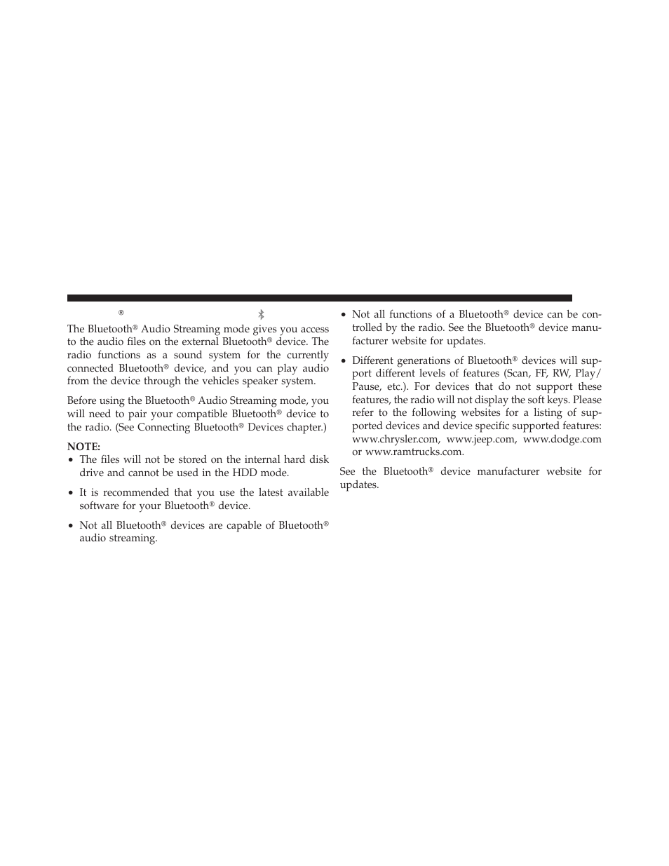 Bluetoothĥ audio streaming mode, Bluetooth௡ audio streaming mode | Ram Trucks MEDIA CENTER 730N for Jeep User Manual | Page 108 / 210