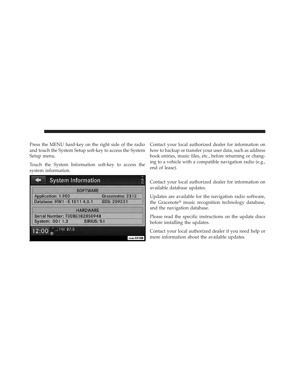 System information, User data backup, Database updates | Ram Trucks MEDIA CENTER 730N for Jeep User Manual | Page 205 / 210