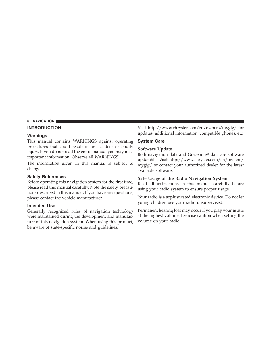 Introduction, Warnings, Safety references | Intended use, System care | Ram Trucks MEDIA CENTER 730N for Jeep User Manual | Page 17 / 177