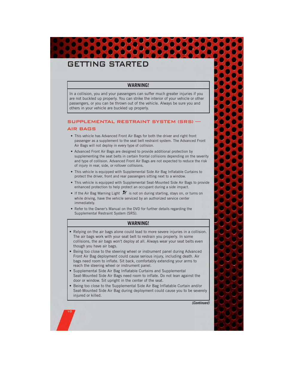 Supplemental restraint system (srs) — air bags, Getting started | Dodge 2011 Avenger - User Guide User Manual | Page 12 / 84