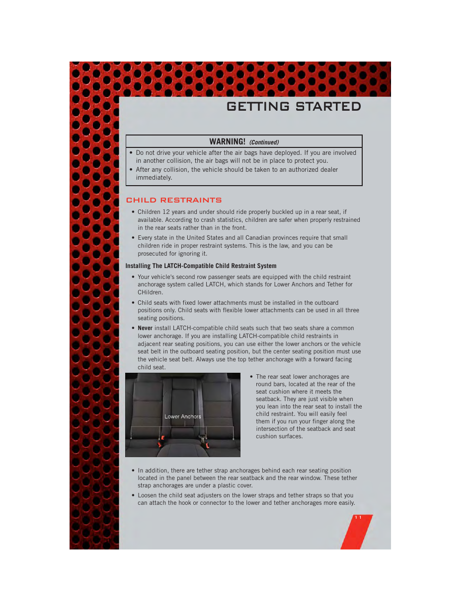 Child restraints, Getting started, Warning | Dodge 2011 Avenger - User Guide User Manual | Page 13 / 84