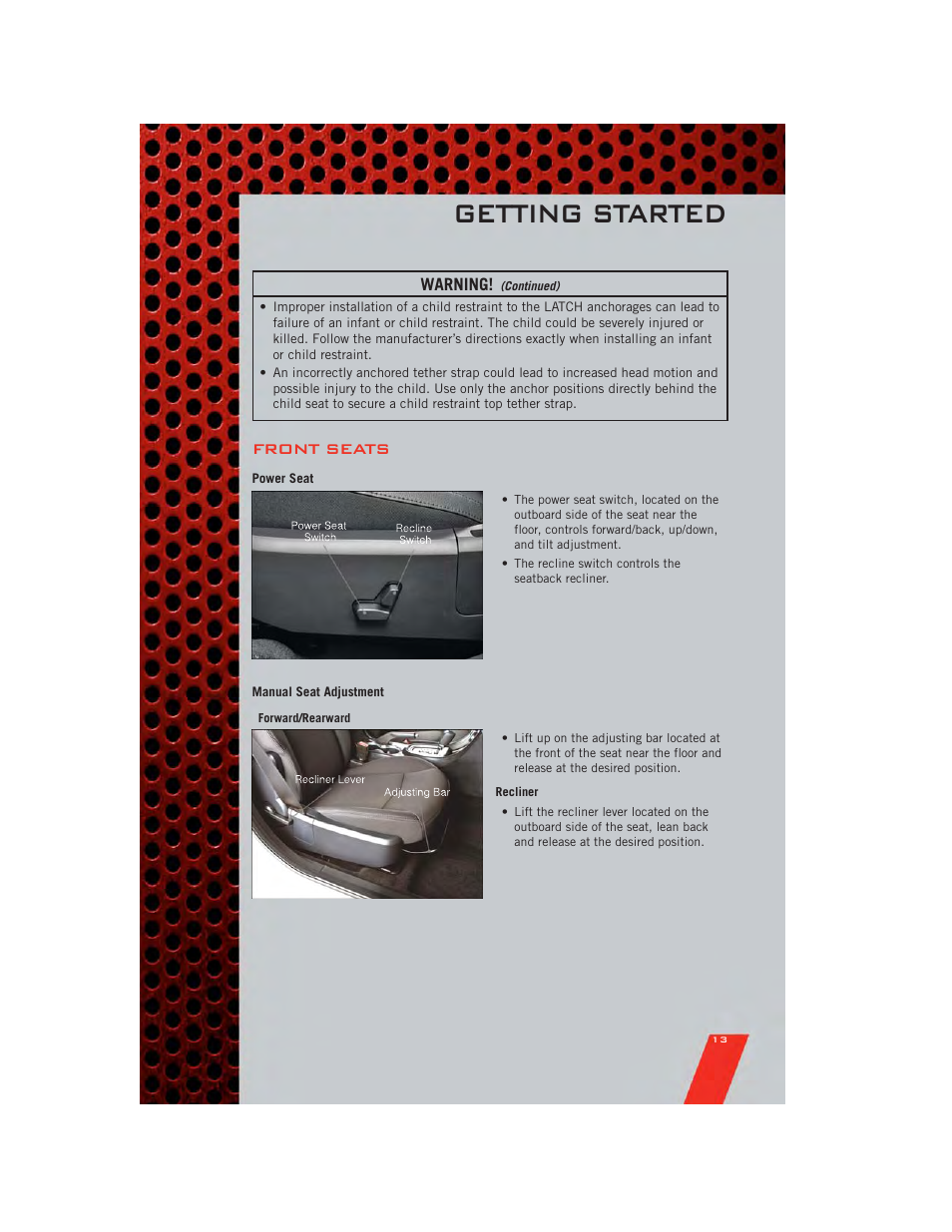 Front seats, Power seat, Manual seat adjustment | Getting started | Dodge 2011 Avenger - User Guide User Manual | Page 15 / 84