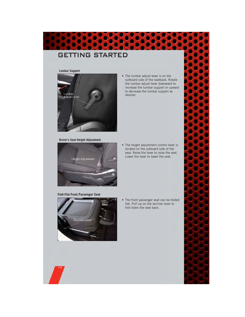 Fold-flat front passenger seat, Getting started | Dodge 2011 Avenger - User Guide User Manual | Page 16 / 84