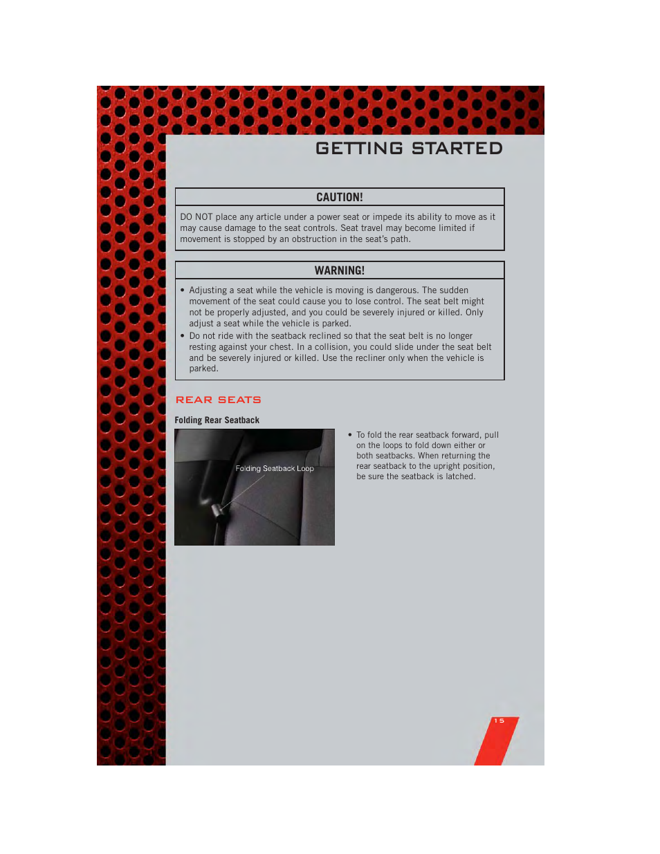 Rear seats, Folding rear seatback, Getting started | Dodge 2011 Avenger - User Guide User Manual | Page 17 / 84