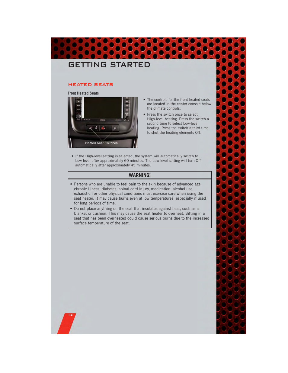 Heated seats, Front heated seats, Getting started | Dodge 2011 Avenger - User Guide User Manual | Page 18 / 84