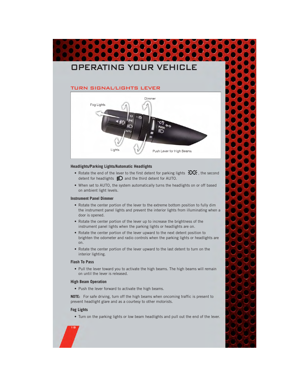 Operating your vehicle, Turn signal/lights lever, Headlights/parking lights/automatic headlights | Instrument panel dimmer, Flash to pass, High beam operation, Fog lights | Dodge 2011 Avenger - User Guide User Manual | Page 20 / 84