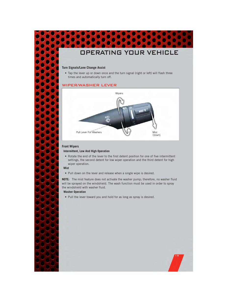 Turn signals/lane change assist, Wiper/washer lever, Front wipers | Operating your vehicle | Dodge 2011 Avenger - User Guide User Manual | Page 21 / 84