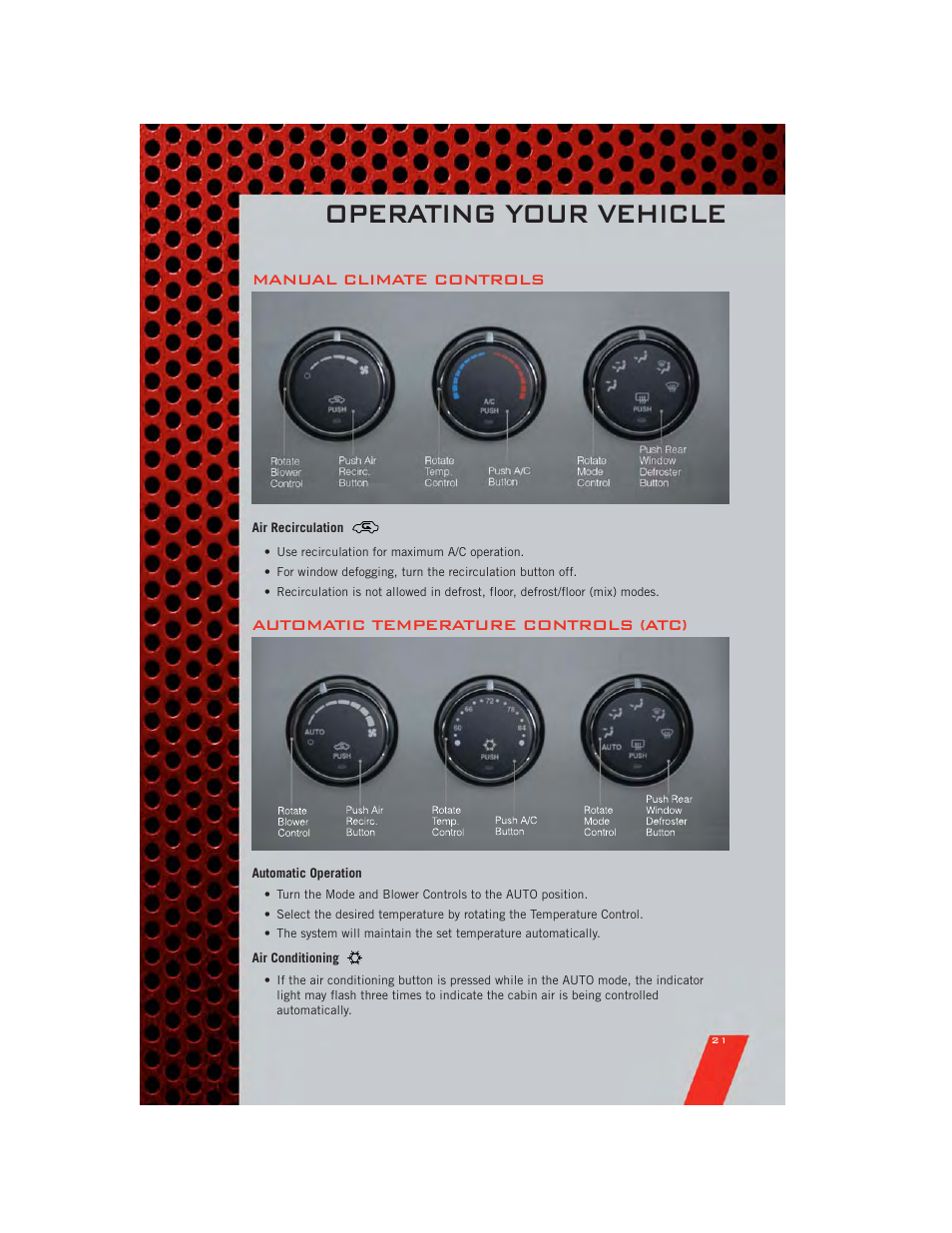 Manual climate controls, Air recirculation, Automatic temperature controls (atc) | Automatic operation, Air conditioning, Operating your vehicle | Dodge 2011 Avenger - User Guide User Manual | Page 23 / 84