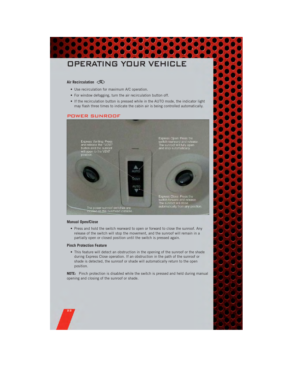 Air recirculation, Power sunroof, Manual open/close | Pinch protection feature, Operating your vehicle | Dodge 2011 Avenger - User Guide User Manual | Page 24 / 84