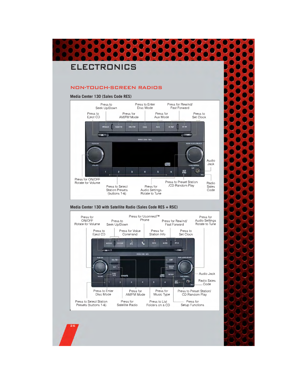 Non-touch-screen radios, Media center 130 (sales code res), Electronics | Dodge 2011 Avenger - User Guide User Manual | Page 28 / 84