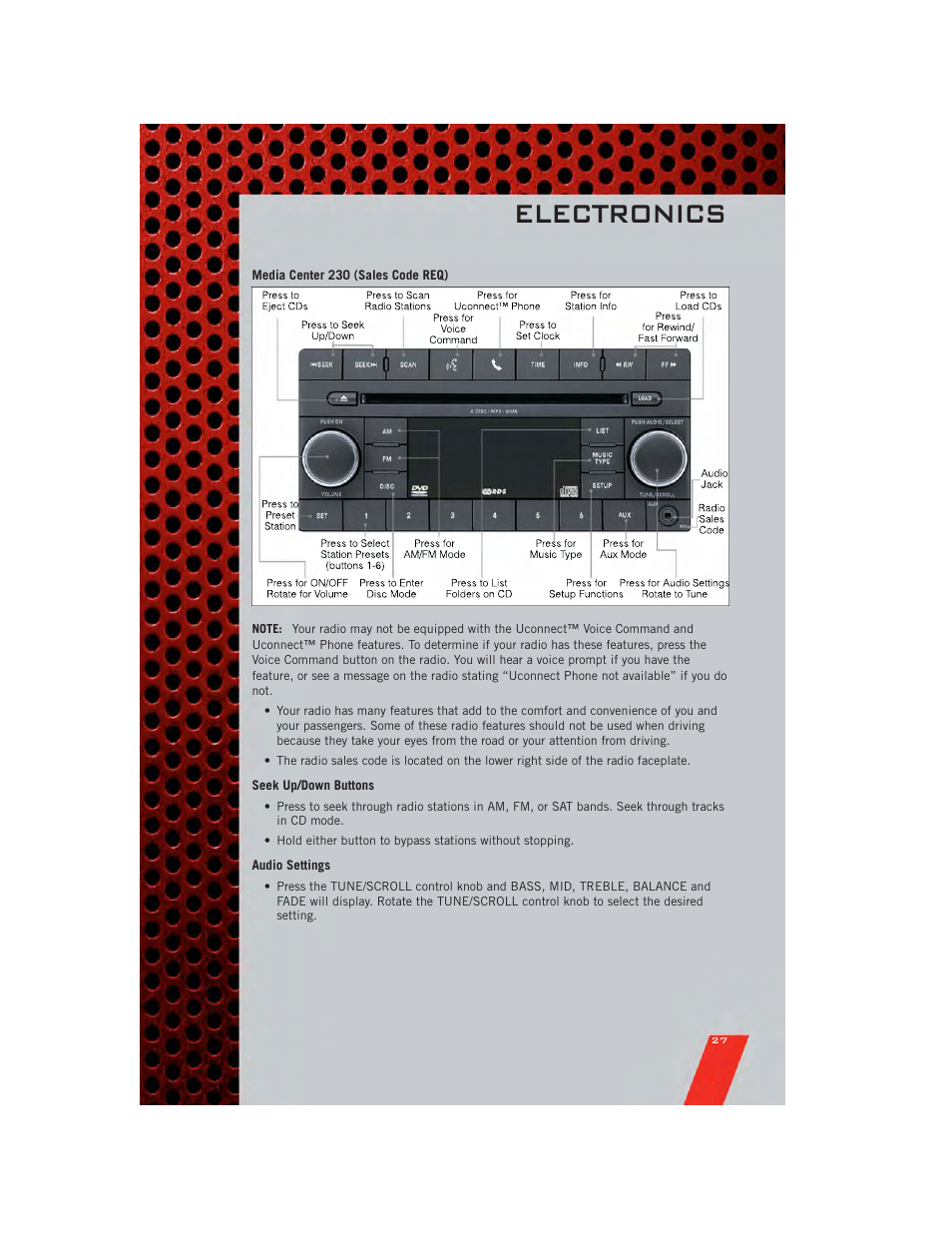 Media center 230 (sales code req), Seek up/down buttons, Audio settings | Electronics | Dodge 2011 Avenger - User Guide User Manual | Page 29 / 84