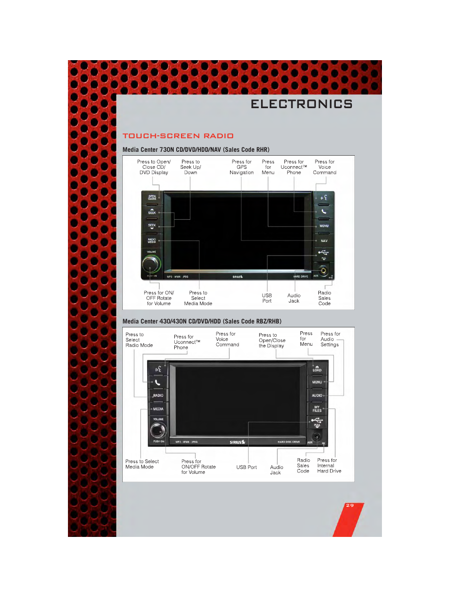 Touch-screen radio, Media center 730n cd/dvd/hdd/nav (sales code rhr), Electronics | Dodge 2011 Avenger - User Guide User Manual | Page 31 / 84
