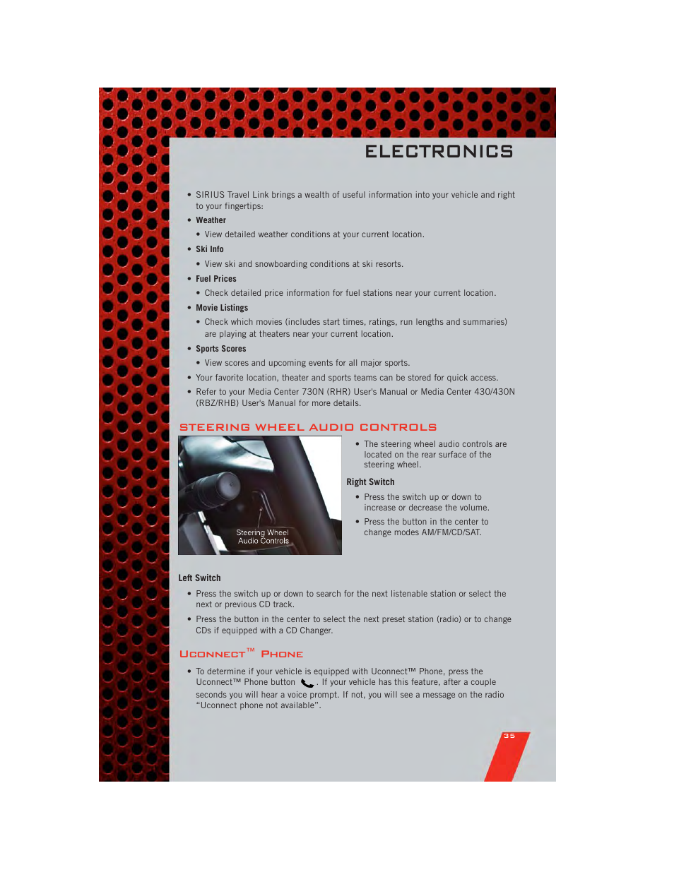 Steering wheel audio controls, Right switch, Left switch | Uconnect™ phone, Electronics | Dodge 2011 Avenger - User Guide User Manual | Page 37 / 84