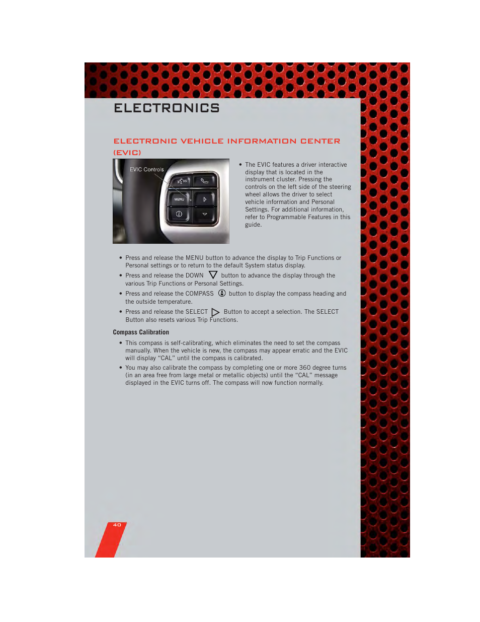 Electronic vehicle information center (evic), Compass calibration, Electronics | Dodge 2011 Avenger - User Guide User Manual | Page 42 / 84