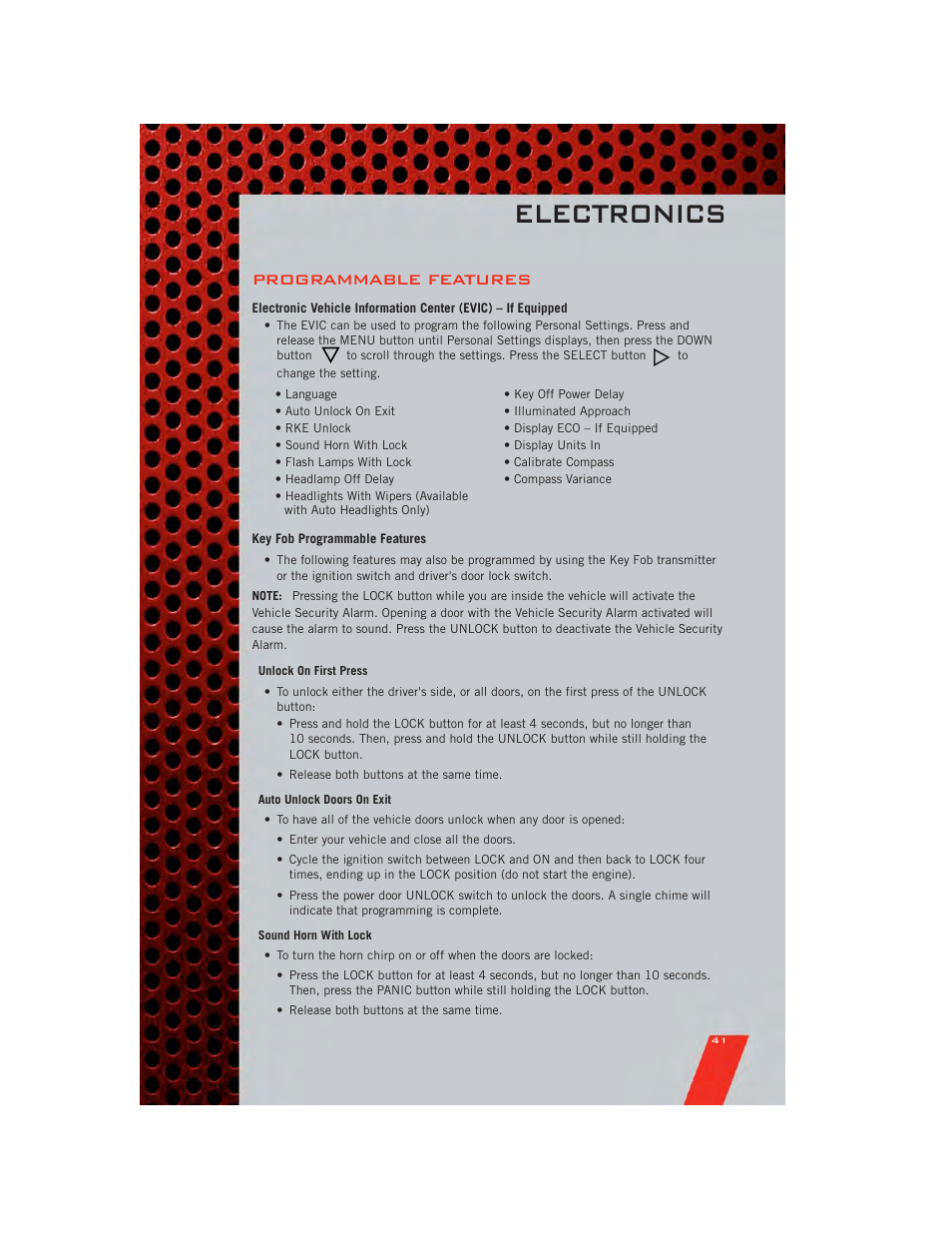 Programmable features, Key fob programmable features, Electronics | Dodge 2011 Avenger - User Guide User Manual | Page 43 / 84