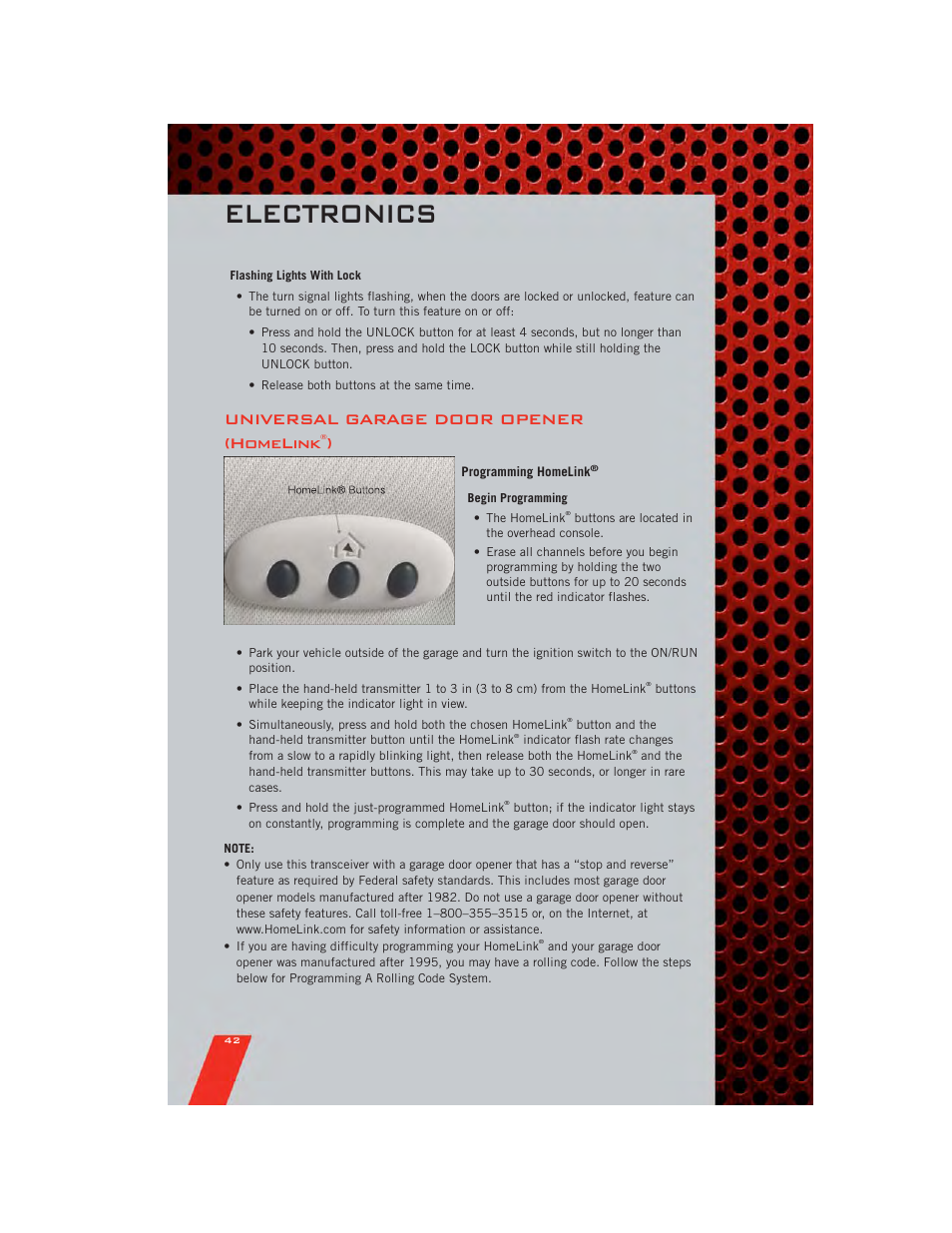 Universal garage door opener (homelink®), Programming homelink, Electronics | Universal garage door opener (homelink | Dodge 2011 Avenger - User Guide User Manual | Page 44 / 84