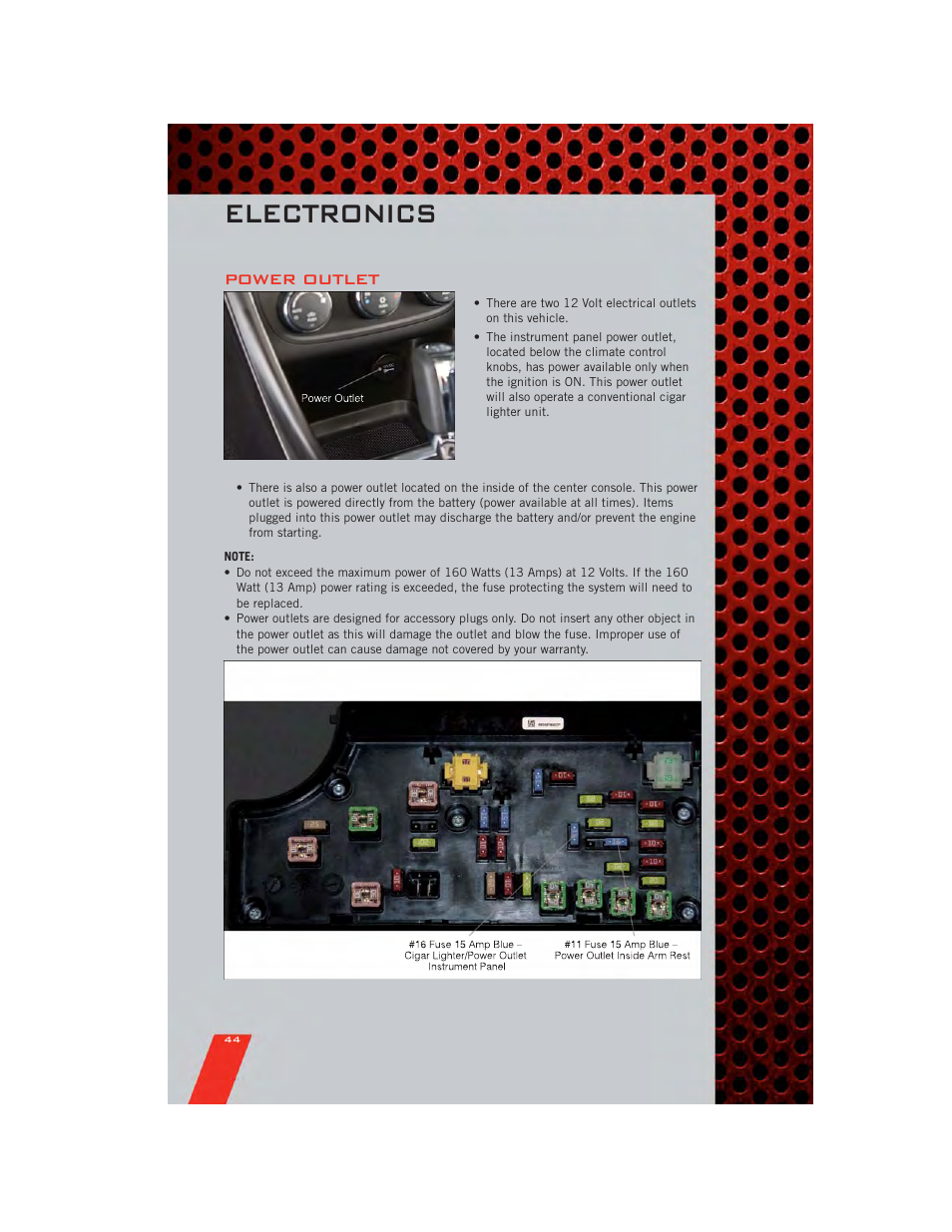 Power outlet, Electronics | Dodge 2011 Avenger - User Guide User Manual | Page 46 / 84