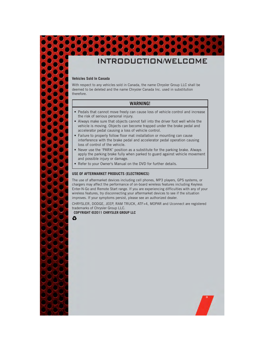 Vehicles sold in canada, Use of aftermarket products (electronics), Introduction/welcome | Dodge 2011 Avenger - User Guide User Manual | Page 5 / 84