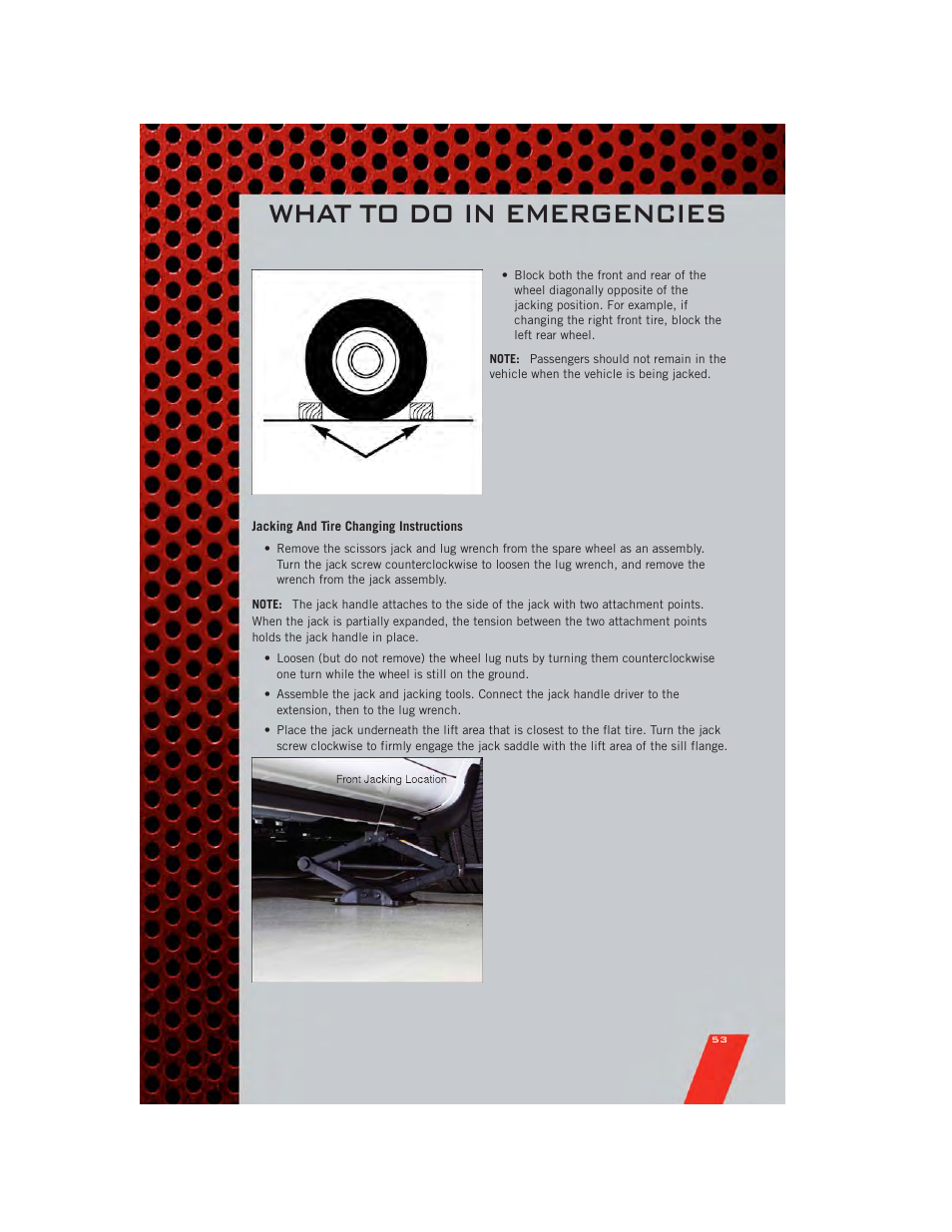 Jacking and tire changing instructions, What to do in emergencies | Dodge 2011 Avenger - User Guide User Manual | Page 55 / 84