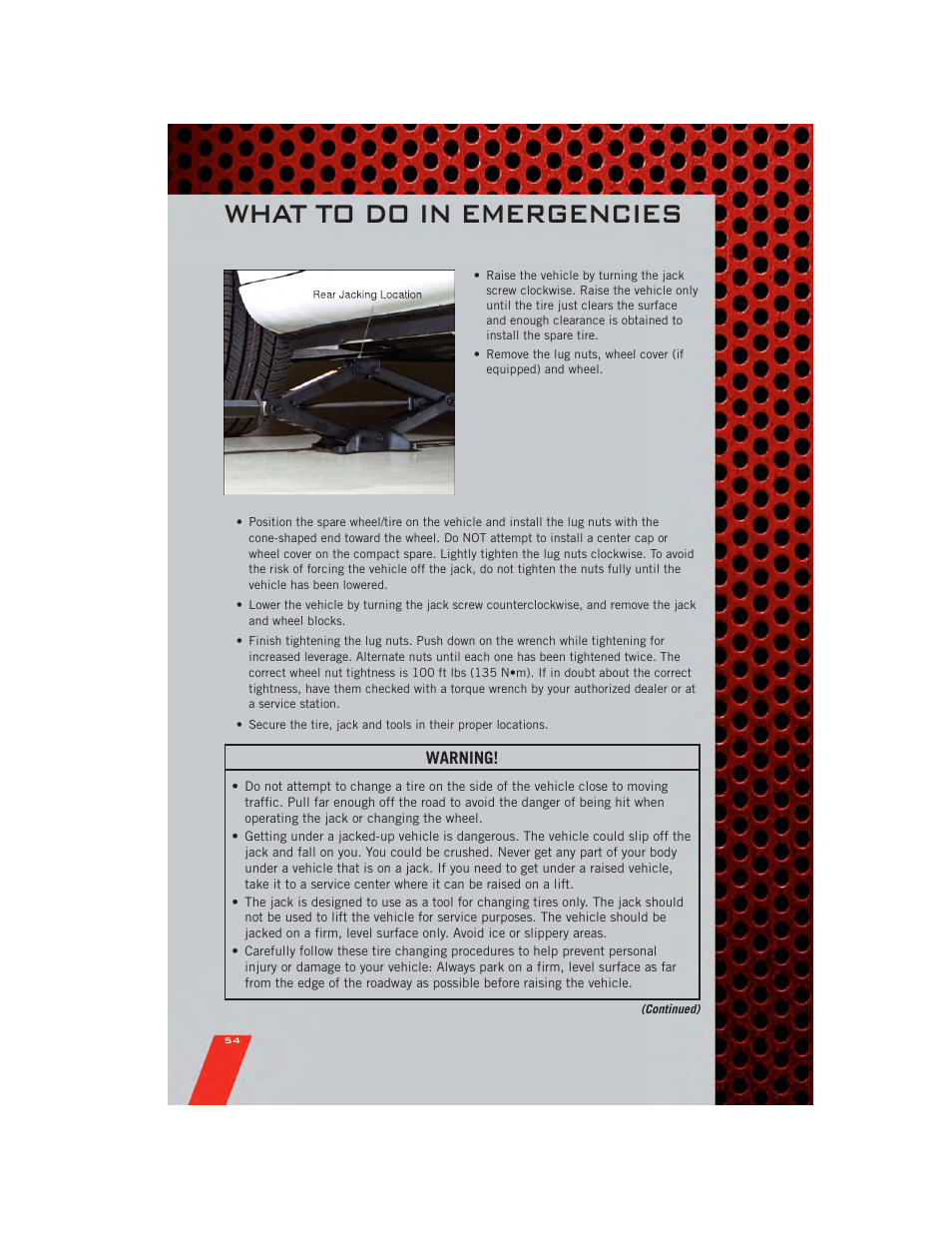 What to do in emergencies, Warning | Dodge 2011 Avenger - User Guide User Manual | Page 56 / 84