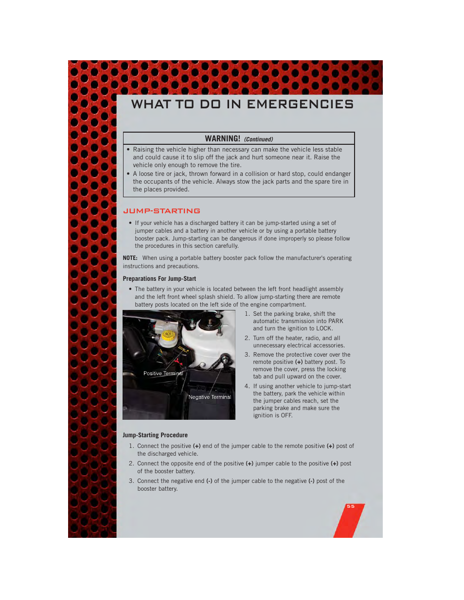 Jump-starting, Preparations for jump-start, Jump-starting procedure | What to do in emergencies, Warning | Dodge 2011 Avenger - User Guide User Manual | Page 57 / 84