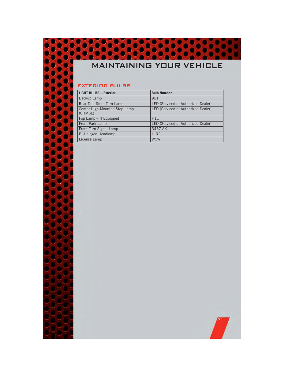 Exterior bulbs, Maintaining your vehicle | Dodge 2011 Avenger - User Guide User Manual | Page 73 / 84