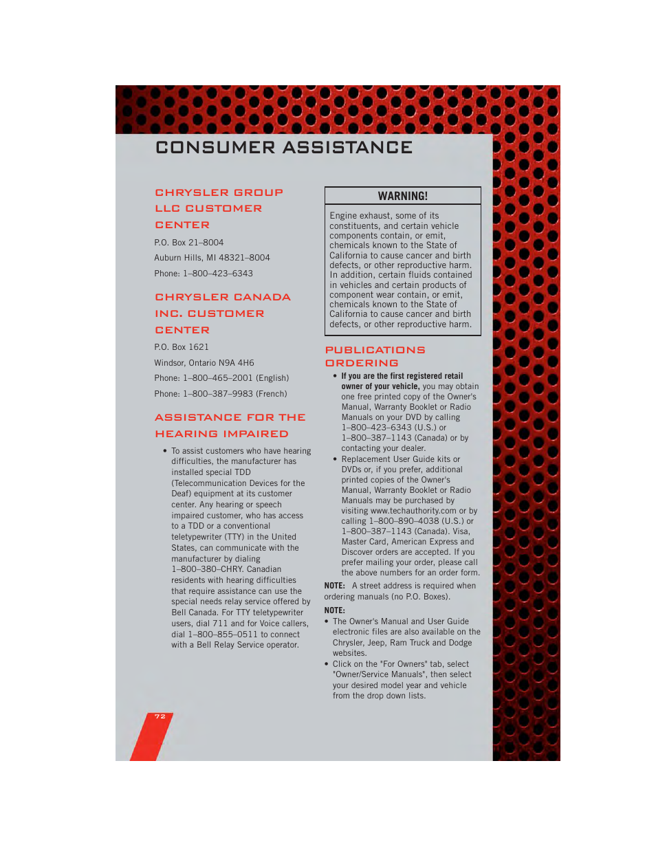 Consumer assistance, Chrysler group llc customer center, Chrysler canada inc. customer center | Assistance for the hearing impaired, Publications ordering | Dodge 2011 Avenger - User Guide User Manual | Page 74 / 84