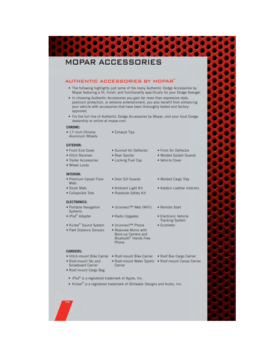 Mopar accessories, Authentic accessories by mopar | Dodge 2011 Avenger - User Guide User Manual | Page 76 / 84