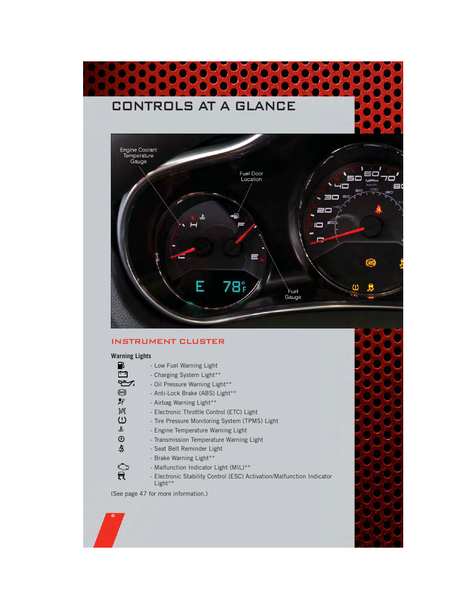 Instrument cluster, Warning lights, Controls at a glance | Dodge 2011 Avenger - User Guide User Manual | Page 8 / 84