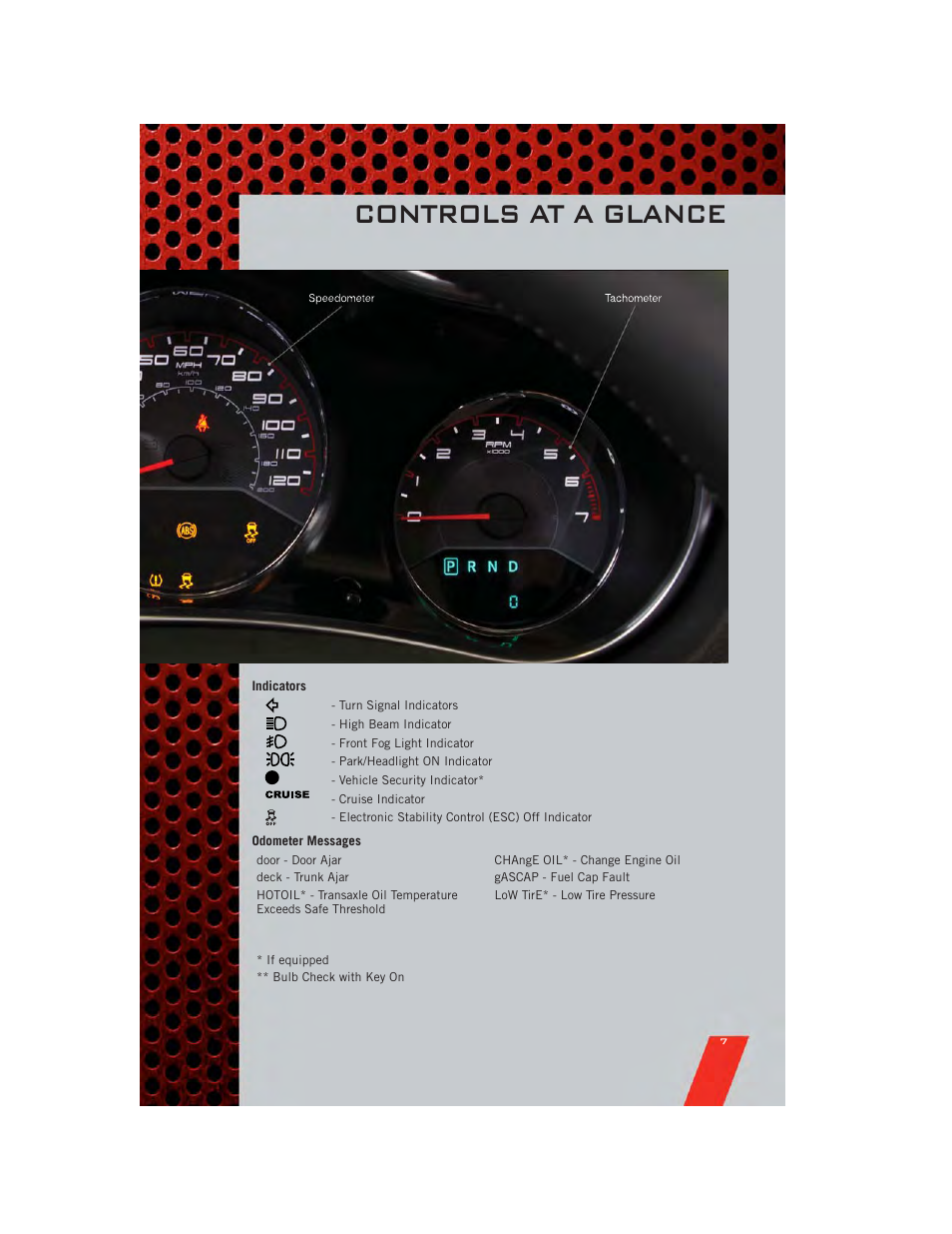 Indicators, Odometer messages, Controls at a glance | Dodge 2011 Avenger - User Guide User Manual | Page 9 / 84