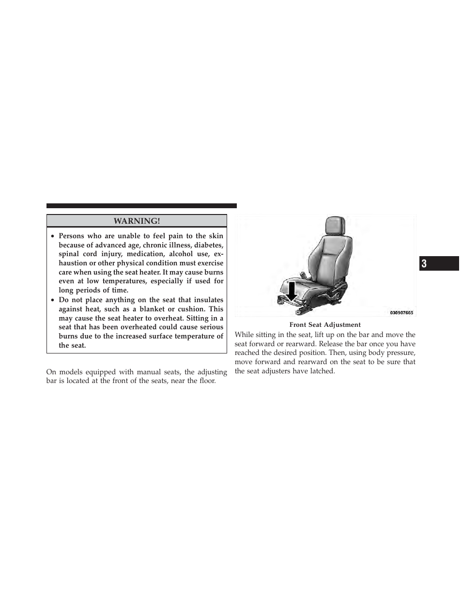 Manual front seat forward/rearward adjustment, Manual front seat forward/rearward, Adjustment | Dodge 2011 Caliber - Owner Manual User Manual | Page 137 / 486