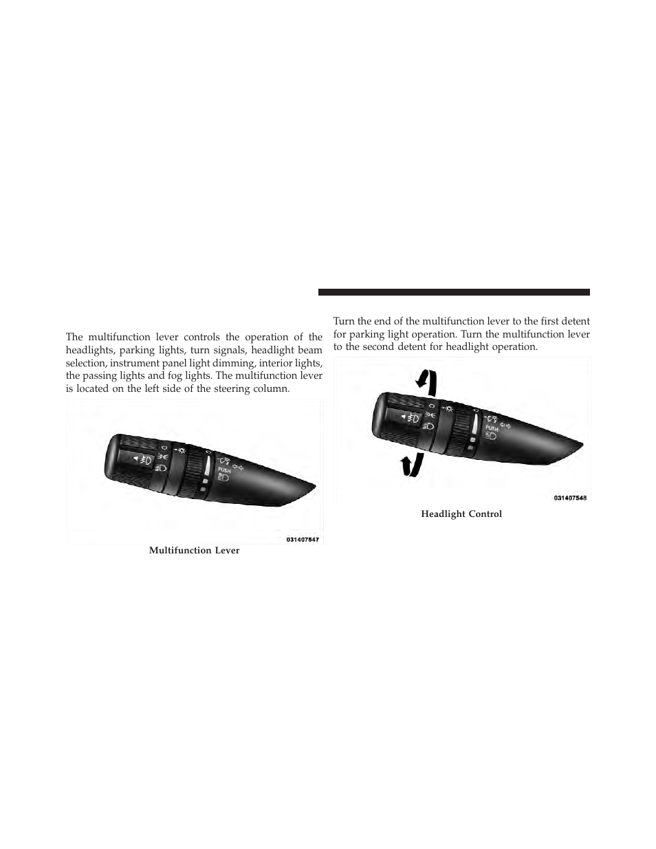 Lights, Multifunction lever, Headlights and parking lights | Dodge 2011 Caliber - Owner Manual User Manual | Page 148 / 486