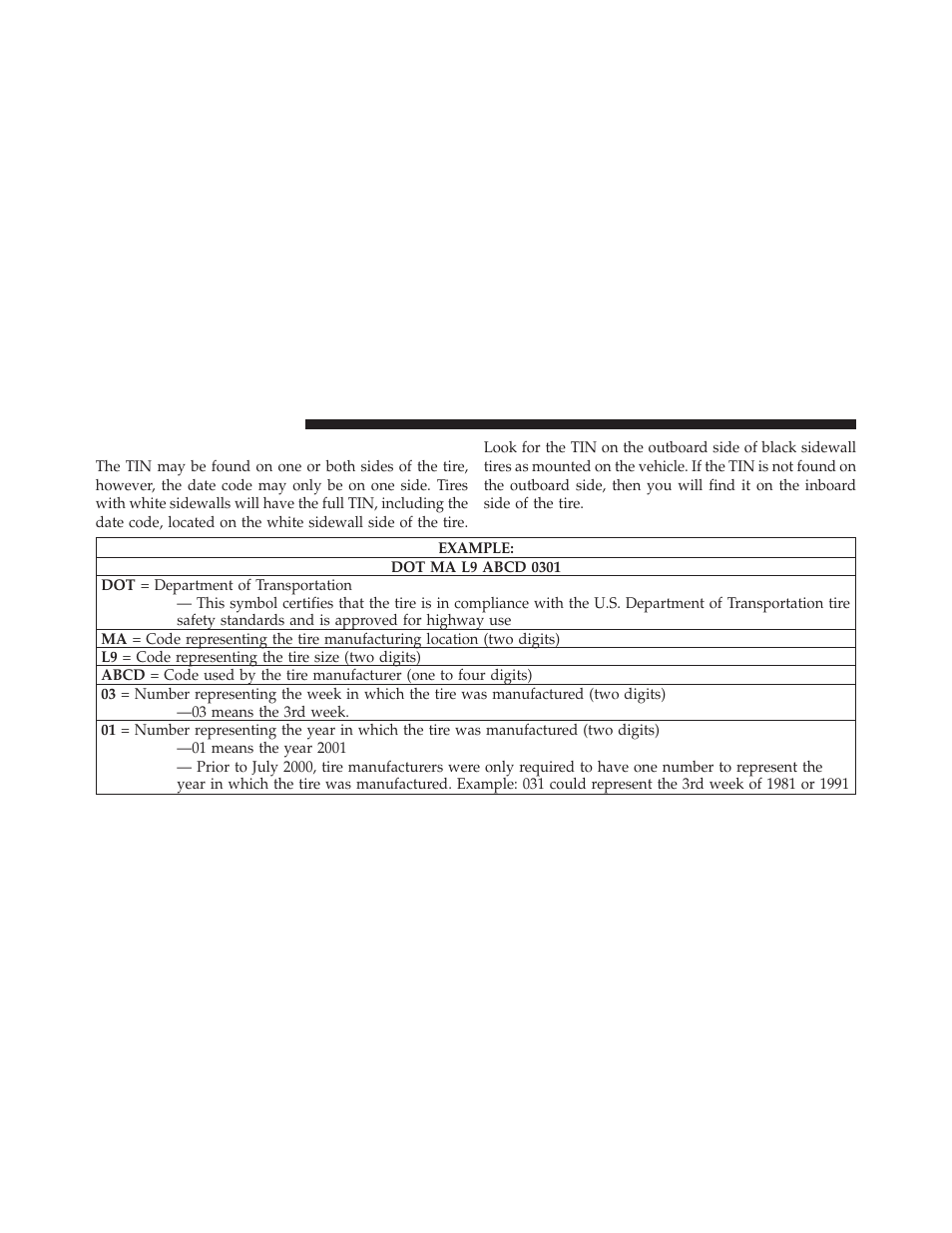 Tire identification number (tin) | Dodge 2011 Caliber - Owner Manual User Manual | Page 326 / 486