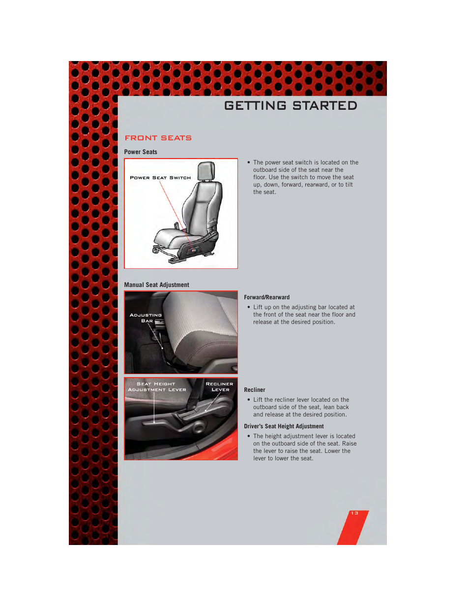 Front seats, Power seats, Manual seat adjustment | Getting started | Dodge 2011 Caliber - User Guide User Manual | Page 15 / 80