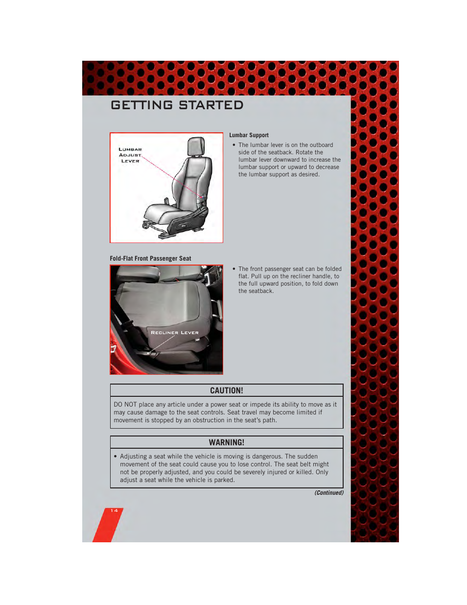 Fold-flat front passenger seat, Getting started | Dodge 2011 Caliber - User Guide User Manual | Page 16 / 80